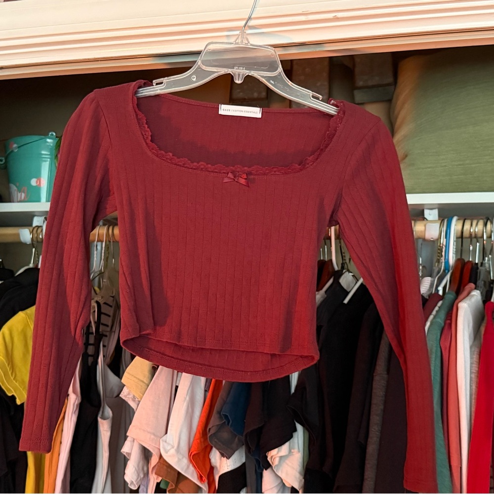 Forever 21 Burgundy Long Sleeve Crop Top